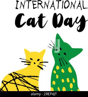Illustration de la Journée internationale du chat avec des chats mignons texturés de couleur vert jaune Illustration de Vecteur