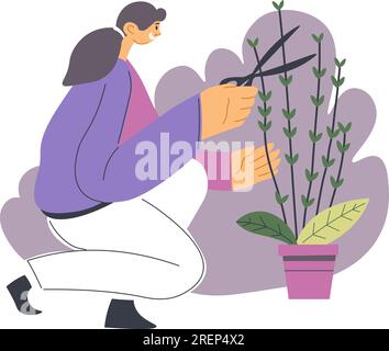 Femme jardinant et tailler des buissons de fleur Illustration de Vecteur