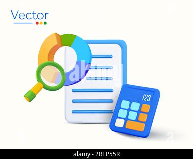 fichier de document 3d avec donut ou diagramme de roue, loupe, calculatrice, fond blanc isolé. Modèle de bannière pour rapport financier, analyse comptable fiscale. illustration vectorielle 3d. Illustration vectorielle Illustration de Vecteur