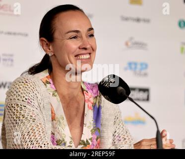 Hambourg, Allemagne. 29 juillet 2023. Tennis : Open d'Europe de Hambourg (tournoi WTA), Stade Rothenbaum, femmes, simple, finale. L’ancienne numéro un mondial Martina Hingis de Suisse s’exprime lors d’une conférence de presse. Crédit : Frank Molter/dpa/Alamy Live News Banque D'Images