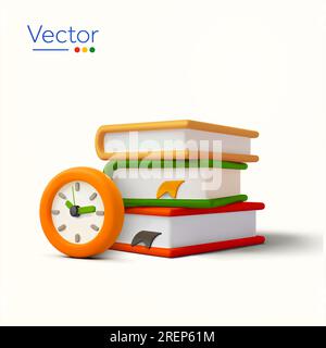 pile 3d de livres avec horloge orange, isolé sur fond blanc. Concept pour le temps d'étudier bannière, retour à l'école, temps d'apprentissage, temps d'école, aller en classe, parcours. illustration vectorielle 3d. Illustration vectorielle Illustration de Vecteur