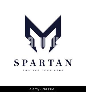 Logo de ligne de lettre M avec Spartan Helmet Symbol monogramme Creative linéaire minimal monochrome. Design de signe vectoriel élégant universel. Type Premium o Illustration de Vecteur