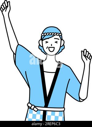 Femme senior portant manteau Happi pour les festivals d'été souriant et sautant, Vector Illustration Illustration de Vecteur