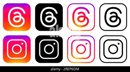 Définissez les logos instagram et threads. Icônes de couleur noire et Instagram. Illustration éditoriale isolée sur fond blanc Illustration de Vecteur