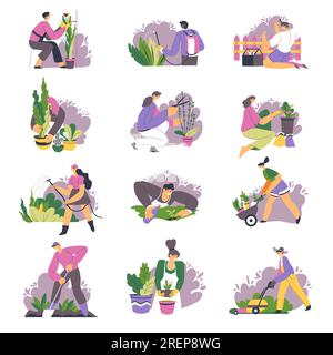 Jardinage les personnes plantant des fleurs, botanique dans des pots Illustration de Vecteur