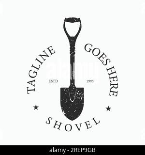 Inspiration de conception vectorielle de logo d'icône de pique. Logo Black Spade icône isolé sur fond blanc. Silhouette de pelle. Outils de jardin ferme logo vintage rétro Illustration de Vecteur