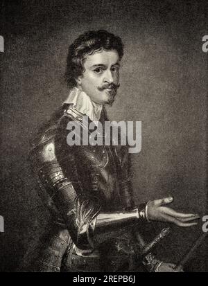 Portrait du 17e siècle de Thomas Wentworth, 1e comte de Strafford (1593-1641), homme d'État anglais et figure majeure de la période précédant la guerre civile anglaise. De 1632 à 1640, il fut Lord Deputy of Ireland, où il consolida immédiatement l’autorité royale, brisa le pouvoir de la clique dominante des « nouveaux propriétaires terriens anglais », étendit la colonisation anglaise, améliora les méthodes d’agriculture, augmenta la productivité des terres et stimula l’industrie et le commerce. Son but ultime était d'assimiler la loi et les coutumes irlandaises au système anglais et de faire d'une Irlande protestante prospère Banque D'Images