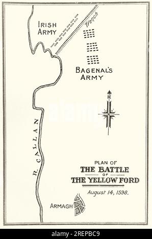 Un plan du 16e siècle de la bataille du gué jaune, combattu dans le comté d'Armagh le 14 août 1598, pendant la guerre de neuf ans en Irlande. Un détachement de l'armée anglaise d'environ 4 000 hommes, dirigé par Henry Bagenal, est envoyé de la Pale. Marchant d'Armagh à Blackwater, la colonne est mise en déroute par une armée irlandaise gaélique commandée par Hugh O'Neill de Tyrone, dont les forces divisent la colonne anglaise et stoppent son avance. Bagenal a été tué, ainsi que des dizaines de ses hommes. Banque D'Images