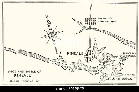 Un plan du 17e siècle du siège de Kinsale, dans le comté de Cork, en Irlande, également connu sous le nom de bataille de Kinsale, est la bataille ultime de la conquête de l'Irlande gaélique par l'Angleterre, commençant en octobre 1601, vers la fin du règne de la reine Elizabeth I, Et à l'apogée de la guerre de neuf ans, une campagne menée par Hugh O'Neill, Hugh Roe O'Donnell et d'autres seigneurs irlandais contre la domination anglaise. En raison de l'implication espagnole et des avantages stratégiques à gagner, la bataille fait également partie de la guerre anglo-espagnole, le conflit plus large de l'Angleterre protestante contre l'Espagne catholique. Banque D'Images