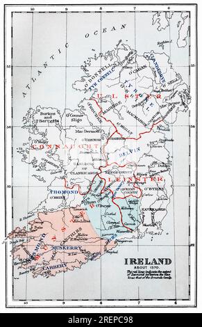 Une carte du 16e siècle illustrant les régions du sud-est de l'Irlande influencées par les deux grandes familles dirigeantes. Étendue en 1570, la zone rouge sous le contrôle des Desmond et la zone bleue sous la famille Ormonde Banque D'Images