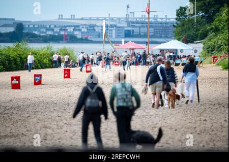 Hambourg, Allemagne. 29 juillet 2023. Les poussettes marchent le long de la plage de l'Elbe à Övelgönne en chandails et vestes. Crédit : Jonas Walzberg/dpa/Alamy Live News Banque D'Images