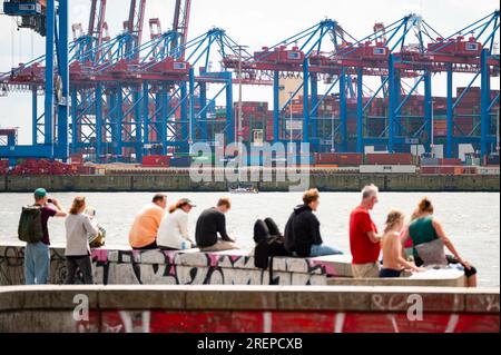 Hambourg, Allemagne. 29 juillet 2023. Les touristes sont assis à Övelgönne sur l'Elbe en face du terminal à conteneurs de Burchardkai. Crédit : Jonas Walzberg/dpa/Alamy Live News Banque D'Images