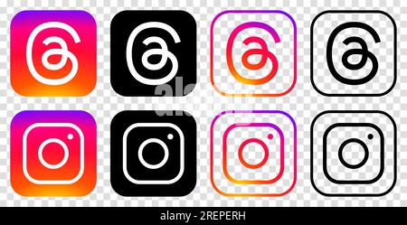 Définissez les icônes instagram et threads. Icônes de couleur noire et Instagram. Illustration éditoriale isolée sur fond transparent Illustration de Vecteur