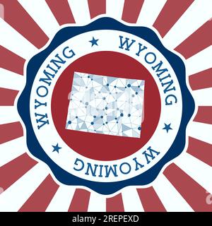 Badge Wyoming. Logo rond de notre état avec carte de maille triangulaire et rayons radiaux. EPS10 Vector. Illustration de Vecteur