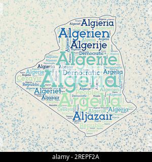 Algérie forme avec noms de pays nuage de mots dans plusieurs langues. Carte de la frontière de l'Algérie sur des triangles vibrants dispersés autour. Illustration de Vecteur