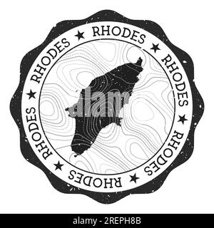 Timbre extérieur Rhodes. Sticker rond avec carte de l'île avec isolignes topographiques. Illustration vectorielle. Peut être utilisé comme insigne, logotype, étiquette, bâton Illustration de Vecteur