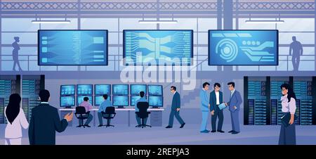 Contrôle des données. Centre de chambre. Opérateurs dans le bureau du gouvernement. Mission de sécurité informatique. Equipement électronique. Les employés travaillent avec des serveurs et une base de données. Concept de technologie réseau. Illustration vectorielle Illustration de Vecteur