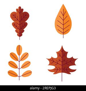feuilles d'automne. Feuillage d'automne rouge et orange. Feuilles colorées de châtaigniers, d'érables et de chênes. Décor botanique décoratif éléments plats isolés. Illustration décorative des vacances de septembre. Jeu de vecteurs Illustration de Vecteur