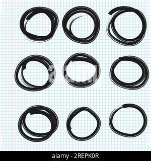 Croquis de lignes de cercles dessinés à la main sur les pages de cahier. Illustration de graffiti Doodle. Dessin circulaire griffonner griffonner des cercles ronds. Illustration de Vecteur