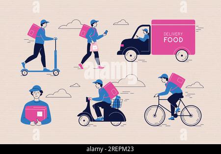 Livraison de scooter. Courrier sur vélo ou vélo, nourriture et paquet, homme sur van, service de colis de moto, conducteur sur camion rapide. Livreur sur l'équitation de transport. Concept isolé d'illustration vectorielle Illustration de Vecteur