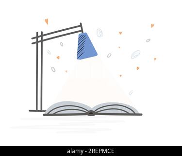 Ouvrez le livre sous la lumière de la lampe sur le bureau. Illustration de dessin animé plat. Illustration de Vecteur