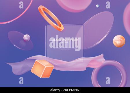 fond de forme 3d. Cercles de verre abstraits, carrés géométriques transparents, morphisme d'ui, éléments isolés de glassmorphisme. Fond minimal violet, modèle de bannière Web. Illustration de conception vectorielle Illustration de Vecteur