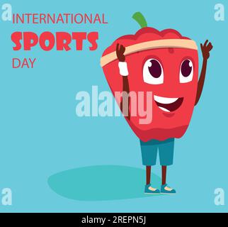 Caractère végétal. Carte pour la journée internationale du sport. Mignon poivron rouge faisant de l'exercice de fitness. Entraînement sportif sain. Mascotte alimentaire avec sourire heureux. Entraînement sportif. Vacances d'athlète. Bannière de dessin animé vectoriel Illustration de Vecteur