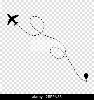 Trajectoire d'avion. Concept de voyage. Avion à trajectoire pointillée. Poursuite d'aéronefs. Illustration vectorielle sur fond transparent. Illustration de Vecteur