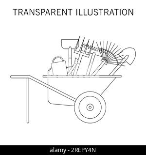 Ensemble de divers outils de jardinage dans une brouette. Contour vectoriel et illustration transparente. Articles pour le jardinage et l'agriculture. Jeu d'outils agricoles. Illustration de Vecteur