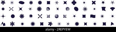 Formes géométriques abstraites rétro Y2K, figures d'étoiles et de fleurs. Icônes de design funky améliorant l'arrière-plan visuel. Illustrations vectorielles plates isolées sur W Illustration de Vecteur