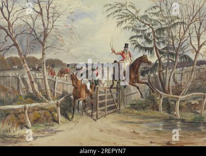 Foxhunting at Melton Mowbray, 1835 : Taking the Gate at the Hinge Post while snob Walks Thro' circa 1835 par Edward Hull Banque D'Images