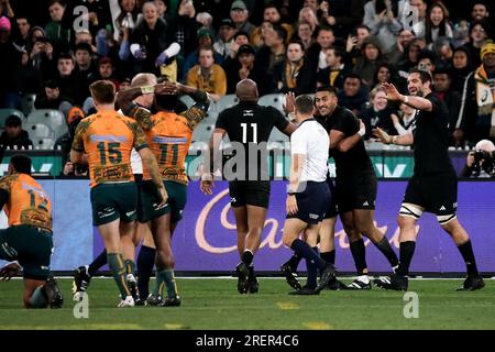 Melbourne, Australie, 29 juillet 2023. La Nouvelle-Zélande célèbre lors du match de la Bledisloe Cup entre les Australia Wallabies et les New Zealand All Blacks au Melbourne Cricket Ground le 29 juillet 2023 à Melbourne, en Australie. Crédit : Dave Hewison/Speed Media/Alamy Live News Banque D'Images