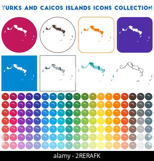 Collection d'icônes des îles Turques et Caïques. Icônes de cartes tendance colorées et lumineuses. Badge moderne des îles Turques et Caïques avec carte de l'île. Illustration vectorielle Illustration de Vecteur