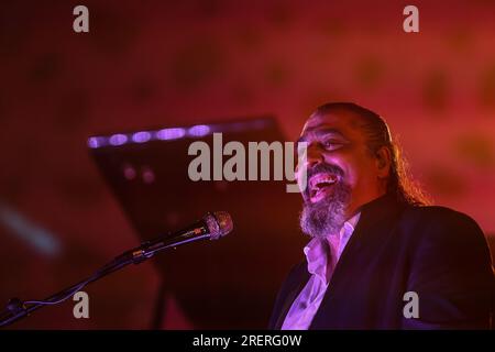 28 juillet 2023 : 29 juillet 2023 (Alhaurin de la torre, Malaga) l'artiste Diego El Cigala s'est produit ce vendredi dans l'auditorium en plein air du domaine municipal El PortÃ³n, dans l'un des concerts les plus attendus de l'été à AlhaurÃ-n de la Torre, avec la voix de Diego 'El Cigala'. Le chanteur, qui a rempli toute sa capacité, a fait un voyage à travers toute sa carrière allant du flamenco le plus pur à son passage à travers le jazz, la soul ou la salsa. L’artiste a offert des chansons depuis sa première œuvre, Undebel, jusqu’à sa reconnaissance internationale réussie avec LÃ¡Grimas Negras, qui lui a valu Banque D'Images