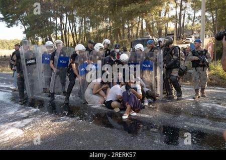 Milas, Mugla, Turquie. 29 juillet 2023. La plupart des arbres continuent à être coupés le 6e jour du début de la coupe dans le village jumeau du district de Milas à Mugla. Alors que la résistance des villageois et des militants écologistes se poursuivait, la gendarmerie et la police sont intervenues contre les militants qui voulaient tenir un sit-in, et ont arrêté 20 personnes. Des boucliers, des matraques, du poivre pressurisé et de l'eau ont été utilisés pendant les interventions. (Image de crédit : © Mert Nazim Egin/ZUMA Press Wire) USAGE ÉDITORIAL SEULEMENT! Non destiné à UN USAGE commercial ! Banque D'Images