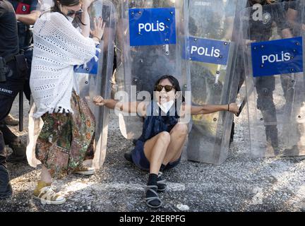 Milas, Mugla, Turquie. 29 juillet 2023. La plupart des arbres continuent à être coupés le 6e jour du début de la coupe dans le village jumeau du district de Milas à Mugla. Alors que la résistance des villageois et des militants écologistes se poursuivait, la gendarmerie et la police sont intervenues contre les militants qui voulaient tenir un sit-in, et ont arrêté 20 personnes. Des boucliers, des matraques, du poivre pressurisé et de l'eau ont été utilisés pendant les interventions. (Image de crédit : © Mert Nazim Egin/ZUMA Press Wire) USAGE ÉDITORIAL SEULEMENT! Non destiné à UN USAGE commercial ! Banque D'Images