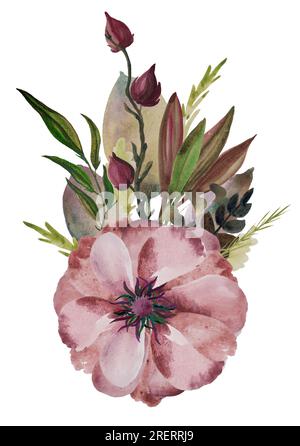 Couronne aquarelle florale avec feuilles Banque D'Images