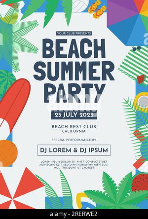 beach summer party flat design flyer pour la musique live avec beaucoup d'éléments de fond comme parapluie planche de surf pastèque volley-ball palmier tongs co Illustration de Vecteur