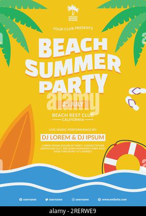 beach summer party flat design flyer sur le jour ensoleillé et fond d'éléments de vague de mer avec palmier bouée de sauvetage planche de surf des objets tongs Illustration de Vecteur