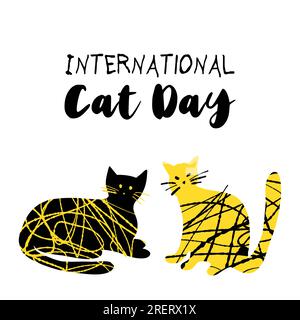 Illustration de la Journée internationale du chat avec des chats mignons texturés de couleur jaune noir Illustration de Vecteur