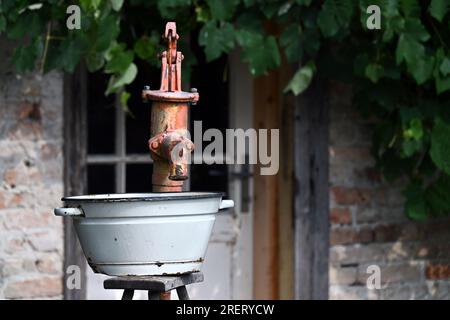 Ancienne pompe à eau vintage avec bassin en métal blanc dans un cadre de campagne rustique, avec porte blanche et vigne en arrière-plan Banque D'Images