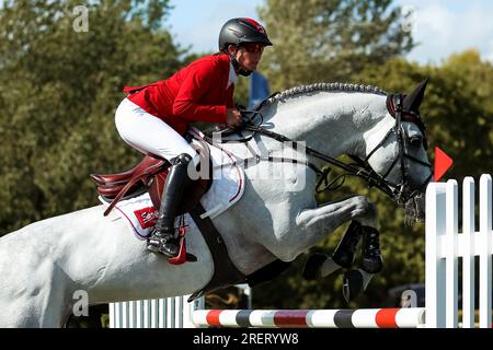 Hassocks, Royaume-Uni, 29 juillet 2023. L’Allemand Jorne Sprehe en action sur Hickstead White lors de la Royal International Speed Classic The Longines Royal International Horse Show. Crédit : Rhianna Chadwick/Alamy Live News Banque D'Images