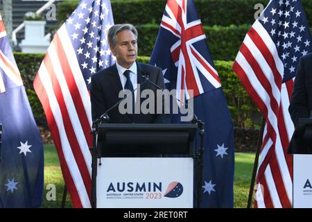 Brisbane, Australie. 29 juillet 2023. Le secrétaire d'État américain Tony Blinken répond à une question lors d'une conférence de presse à la suite de la 33e consultation ministérielle annuelle Australie-États-Unis, le 29 juillet 2023 à Brisbane, en Australie. Crédit : Chuck Kennedy/États-Unis Département d'État/Alamy Live News Banque D'Images