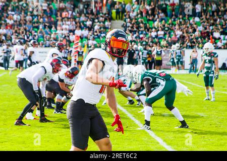 Shwaebisch Hall, Allemagne. 29 juillet 2023. Erima GFL / Ligue allemande de football, Schwaebisch Hall Unicorns - Hurricanes de la Sarre dans l'Optima-Sportpark Shwaebisch Hall le 29,2023 juillet Allemagne, WR # 19 Marian Menden / Hurricanes de la Sarre crédit : Frank Baumert/Alamy Live News Banque D'Images