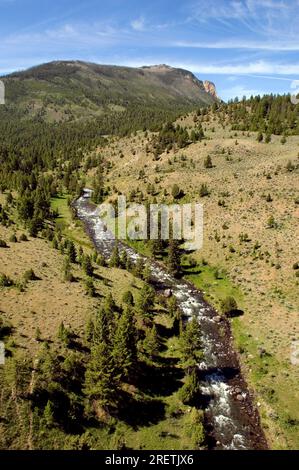 Vue aérienne de la rivière dans le parc national de Yellowstone, Wyoming, États-Unis Banque D'Images
