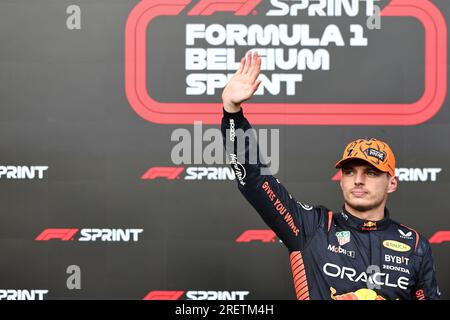 Stavelot, Belgique. 29 juillet 2023. Le pilote néerlandais Max Verstappen de Red Bull Racing réagit après la course Sprint du Grand Prix de Belgique de Formule 1 2023 sur le circuit de Spa-Francorchamps à Stavelot, Belgique, le 29 juillet 2023. Crédit : Qian Jun/Xinhua/Alamy Live News Banque D'Images