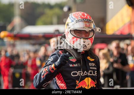 Stavelot, Belgique. 29 juillet 2023. Le pilote néerlandais Max Verstappen de Red Bull Racing réagit après la course Sprint du Grand Prix de Belgique de Formule 1 2023 sur le circuit de Spa-Francorchamps à Stavelot, Belgique, le 29 juillet 2023. Crédit : Qian Jun/Xinhua/Alamy Live News Banque D'Images