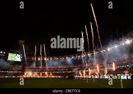 Melbourne, Australie, 29 juillet 2023. Feux d'artifice lors du match de la Bledisloe Cup entre les Australia Wallabies et les New Zealand All Blacks au Melbourne Cricket Ground le 29 juillet 2023 à Melbourne, en Australie. Crédit : Dave Hewison/Speed Media/Alamy Live News Banque D'Images