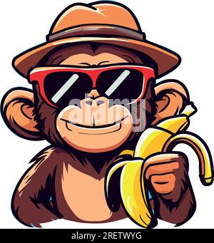 Un vecteur drôle d'un singe mangeur de bananes dans des lunettes de soleil et chapeau. Design lumineux et joyeux pour les projets animaliers, alimentaires ou estivaux. Illustration de Vecteur