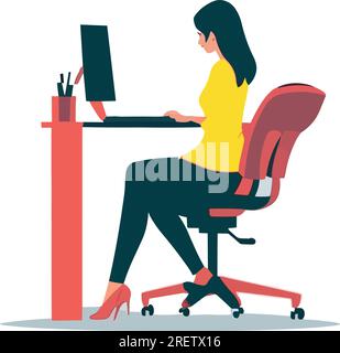 Femme assise sur une chaise travaillant sur un ordinateur. illustrations vectorielles personnages travaillant au bureau, à distance à la maison, freelance, travail indépendant. Illustration de Vecteur